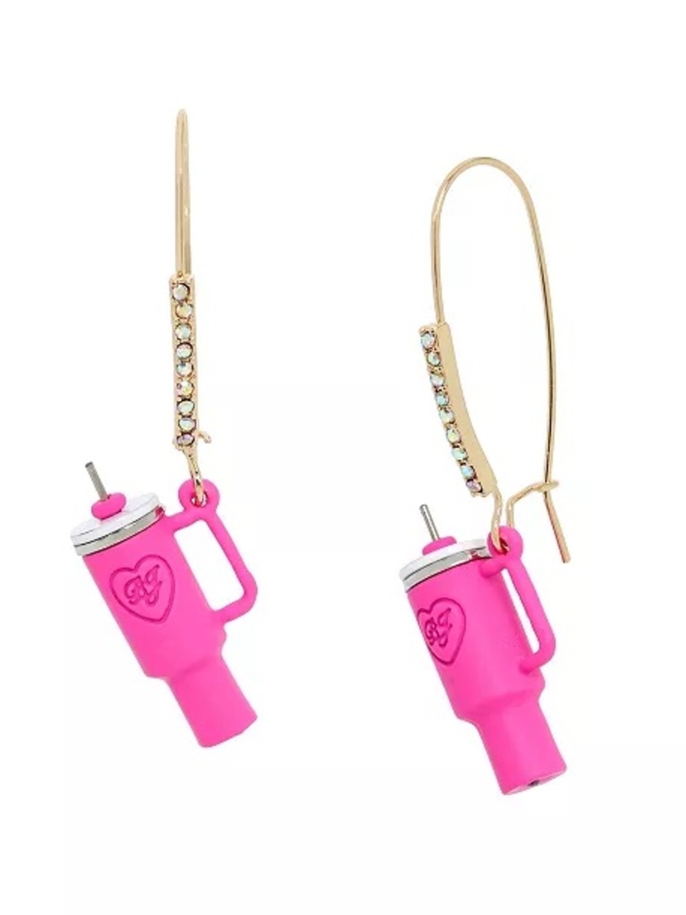 Betsey Johnson Pink & Gold Novelty Travel Mug Drop Earrings